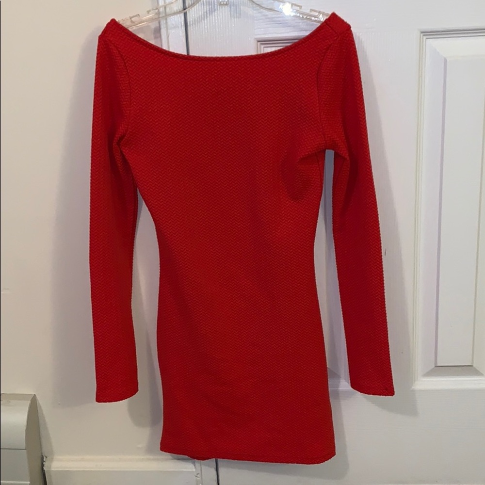 Red wide shoulder neckline dress